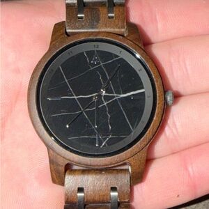 Wooden Watch with Black Marble Face